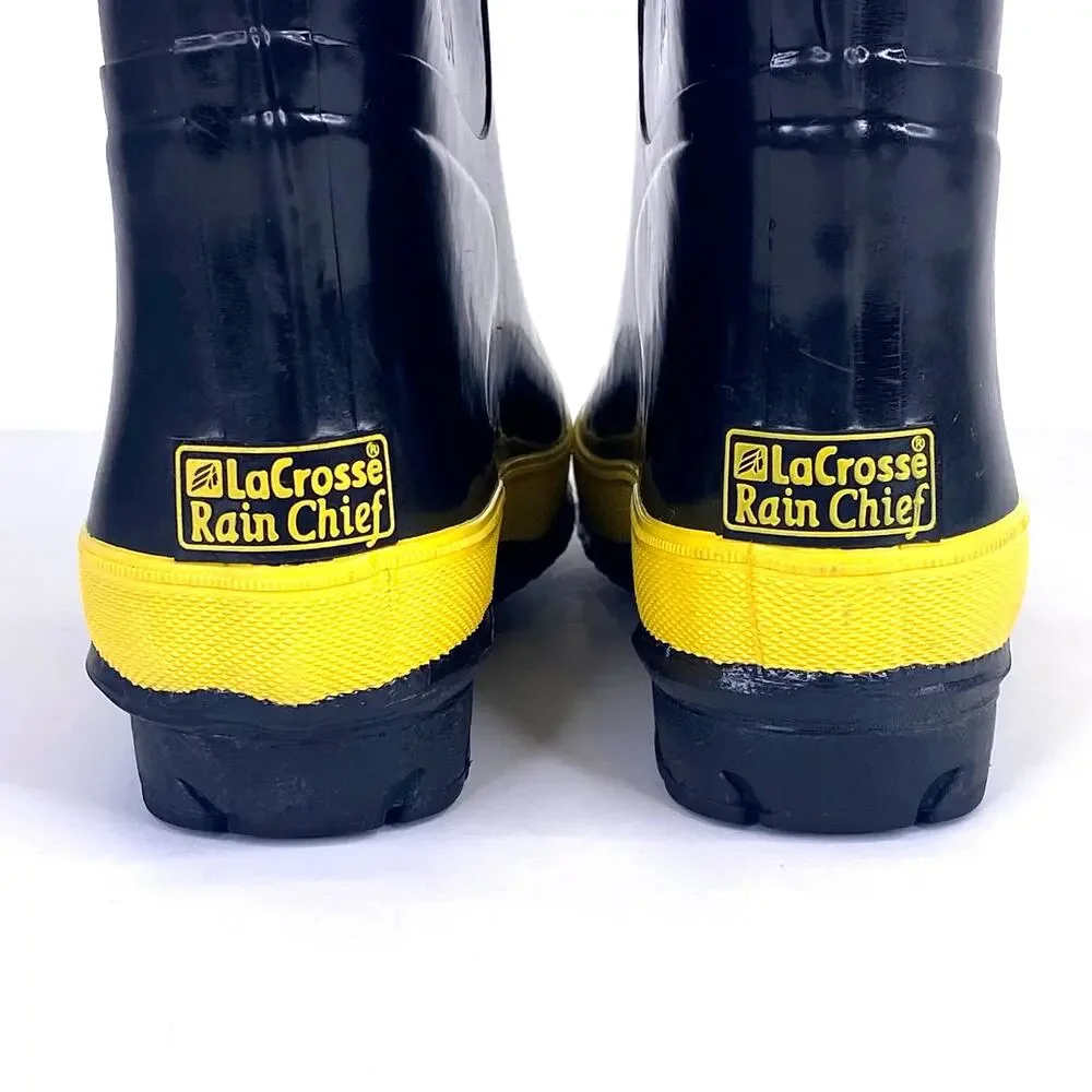 LaCrosse Rain Chief Boots Kids Sz 1 Steel Shank Black Yellow Rubber Waterproof